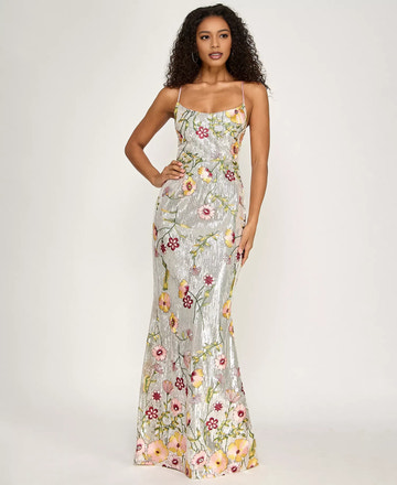 Embroidered Mermaid Scoop Sequin Floor Lace-Up Back Evening Gown