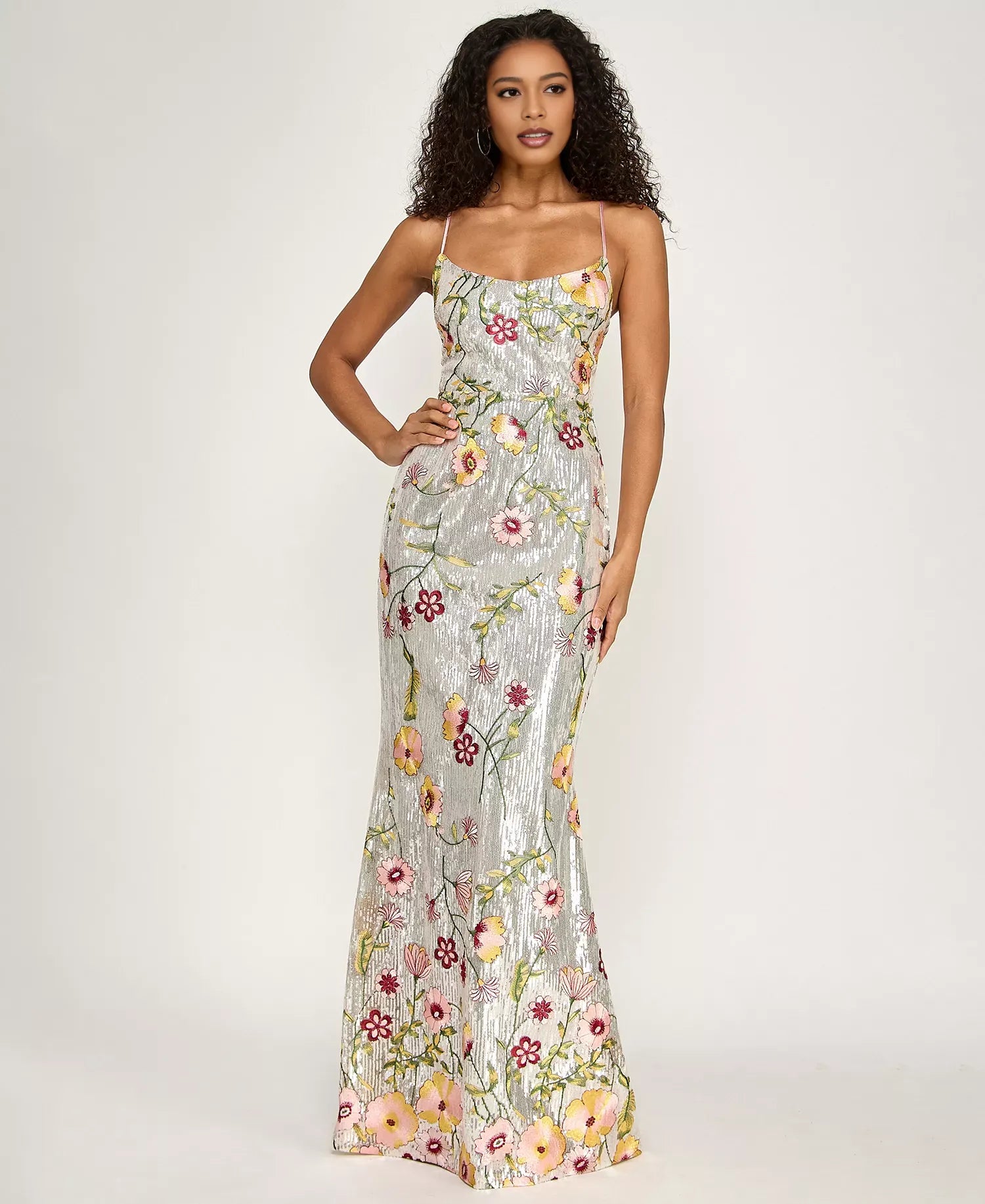 Embroidered Mermaid Scoop Sequin Floor Lace-Up Back Evening Gown