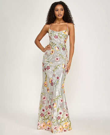 Embroidered Mermaid Scoop Sequin Floor Lace-Up Back Evening Gown