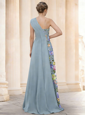 Vestido de Noche Formal Largo hasta el Suelo de Satén con Un Hombro Bordado, Corte A, Plisado y Fruncido