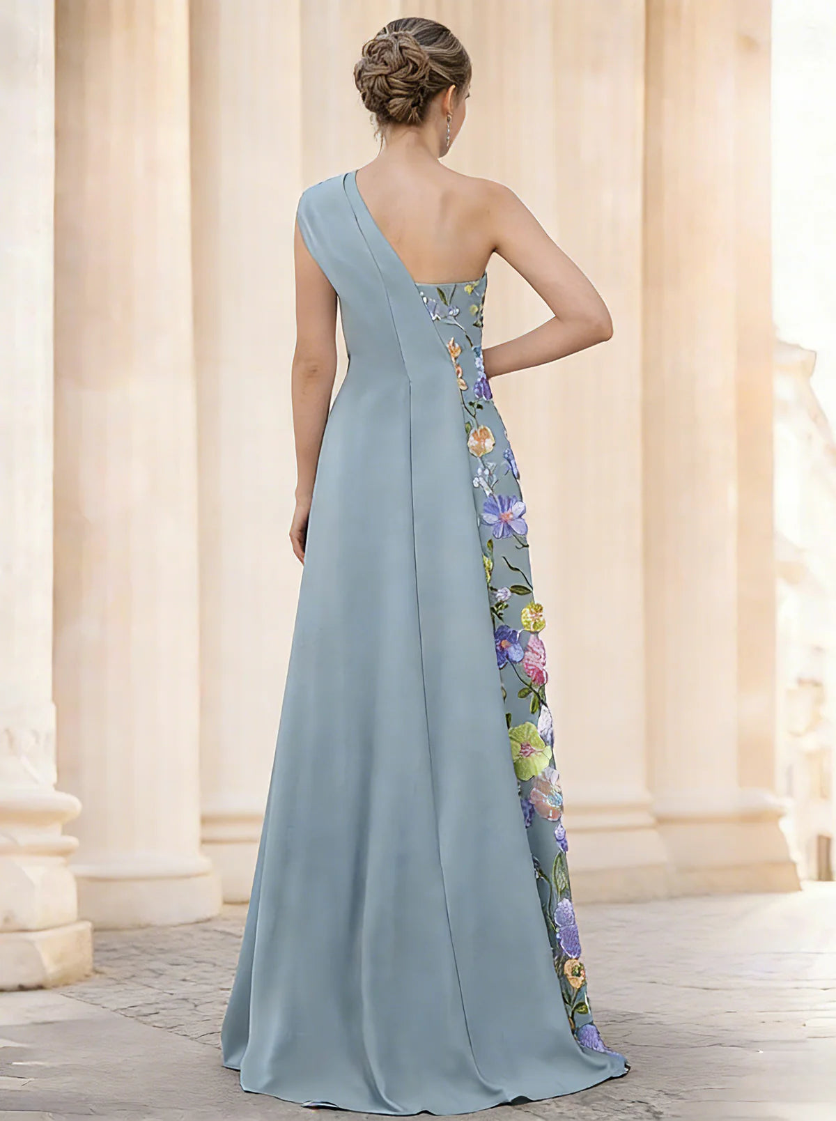 Embroidered One Shoulder A-Line Satin Floor-Length Formal Evening Dress With Pleats Ruched