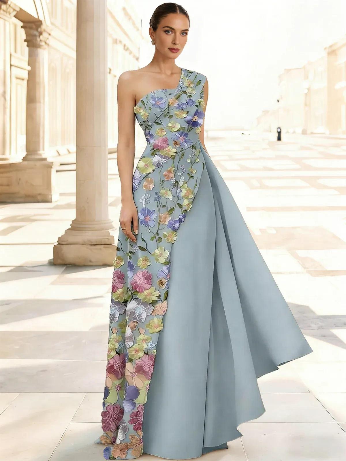 Embroidered One Shoulder A-Line Satin Floor-Length Formal Evening Dress With Pleats Ruched