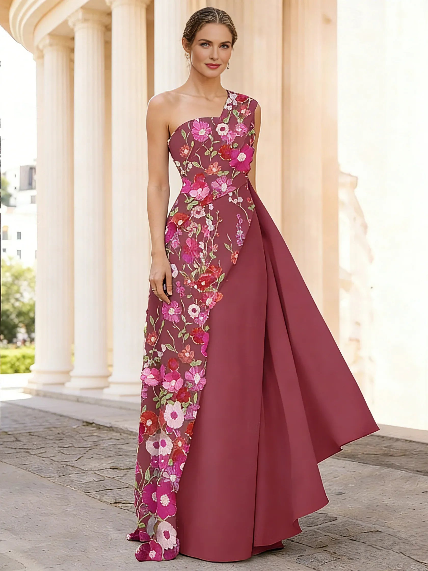 Embroidered One Shoulder A-Line Satin Floor-Length Formal Evening Dress With Pleats Ruched