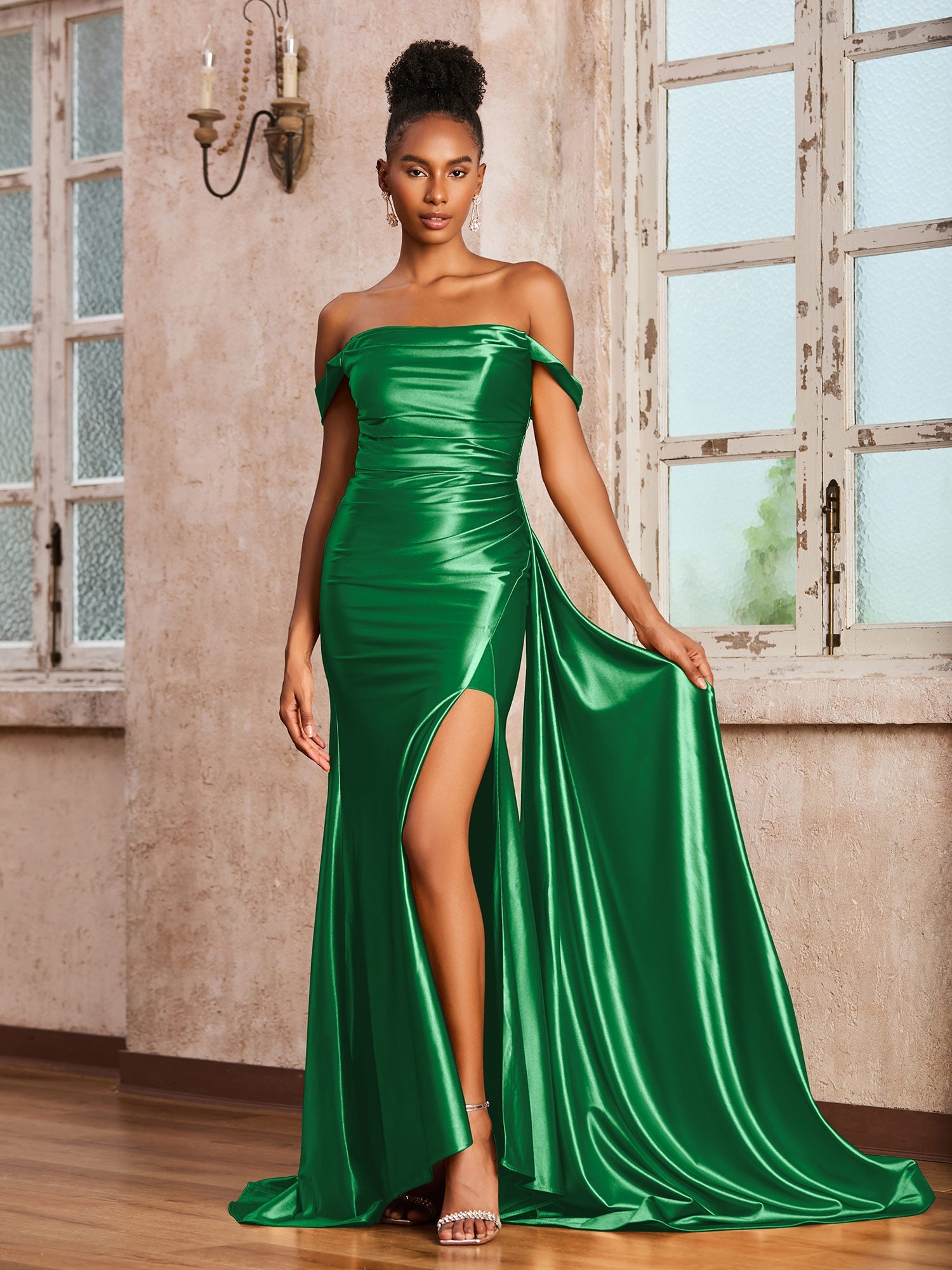 Satin Off-the-Shoulder Formal Gown Ruched Bodice High Slit Mermaid Maxi Dress with Sweep Train for Wedding Guest and Evening Events