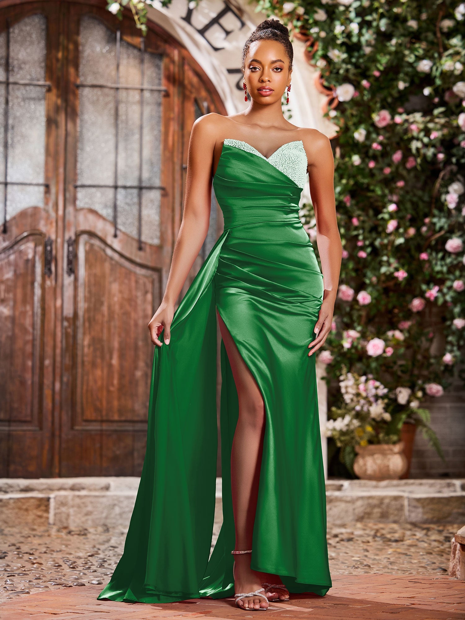 Beaded Corset High Slit Mermaid Prom Dress Satin Strapless Formal Evening Gown