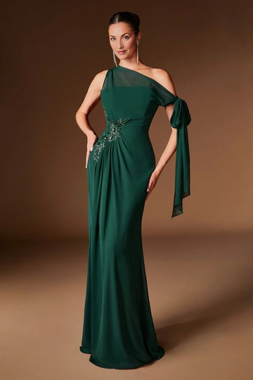 Vedress emerald mermaid mother of the bride dress,one‑shoulder neckline,flowy chiffon tie sleeve,side beaded appliques,draped ruched waist,floor length skirt
