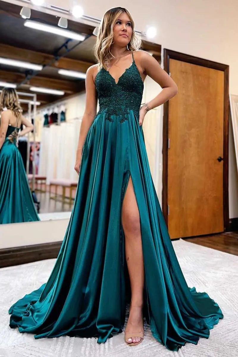 Emerald Green Satin A-Line Deep V Spaghetti Strap Backless Maxi Prom Gown