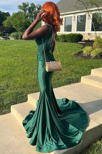 Emerald Green Satin Mermaid Deep V Spaghetti Strap Backless Maxi Prom Gown