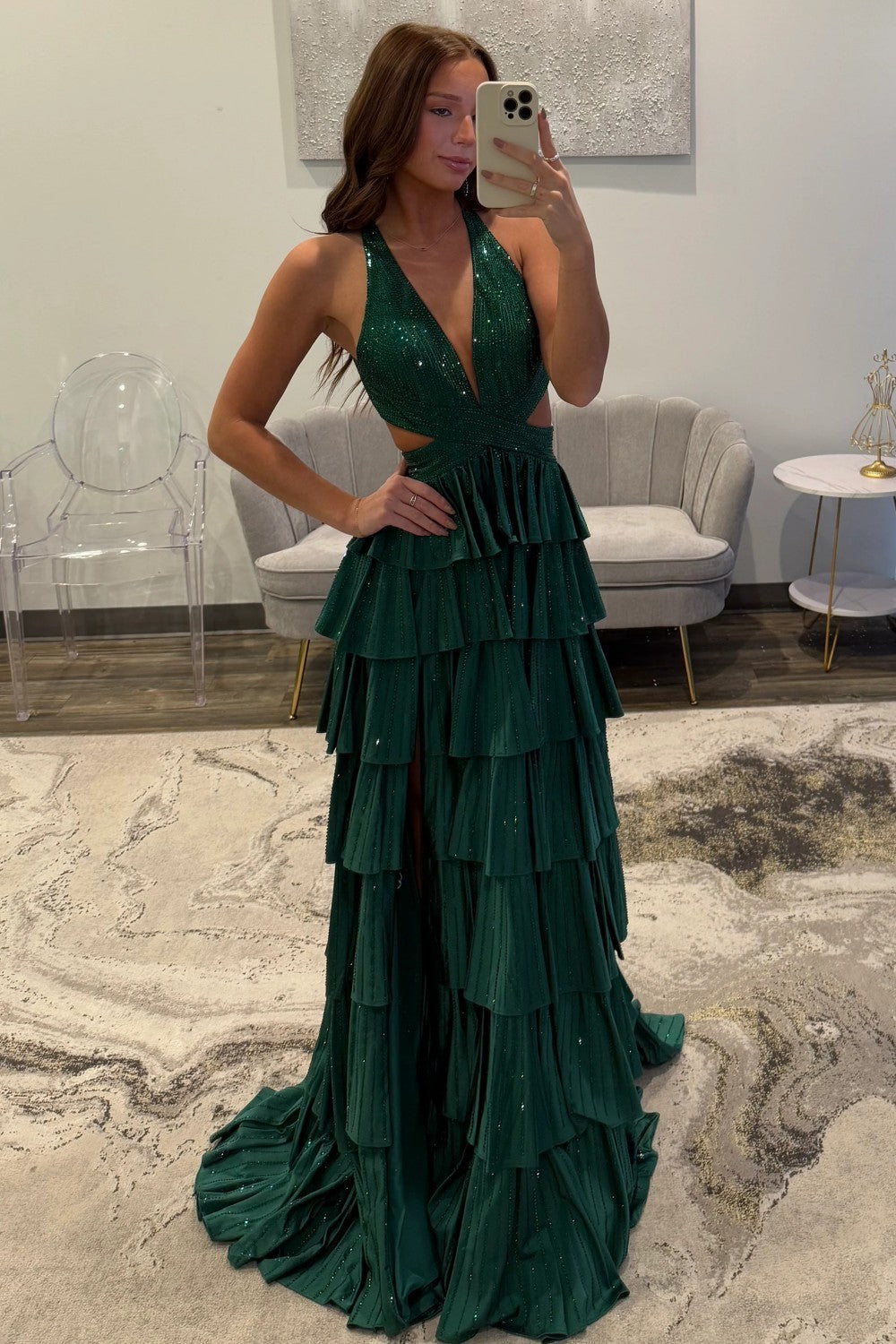 Vestido de fiesta de noche largo con abalorios, línea A, cuello halter, capas, brillante, espalda descubierta y abertura alta