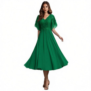 Elegant Lace & Beaded Tea-Length Formal Dress | V-Neck Flutter Sleeve Chiffon A-Line Midi Gown for Evening Party