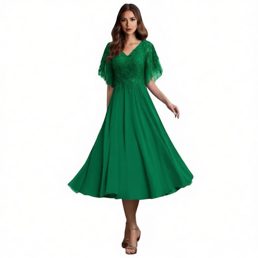 Elegant Lace & Beaded Tea-Length Formal Dress | V-Neck Flutter Sleeve Chiffon A-Line Midi Gown for Evening Party