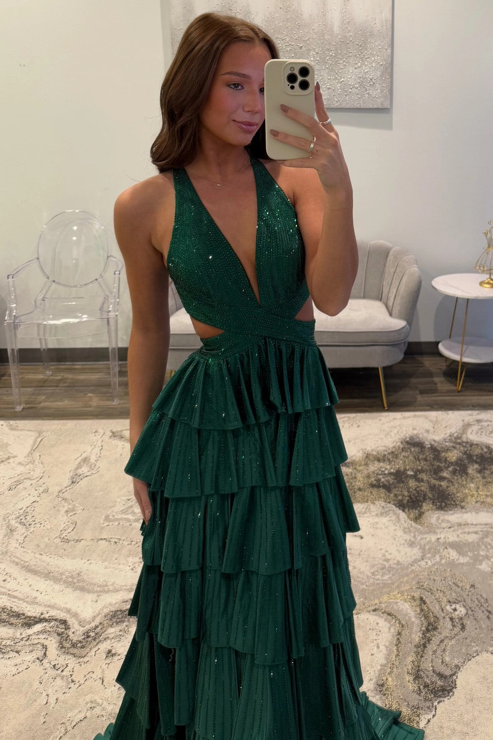 Vestido de fiesta de noche largo con abalorios, línea A, cuello halter, capas, brillante, espalda descubierta y abertura alta