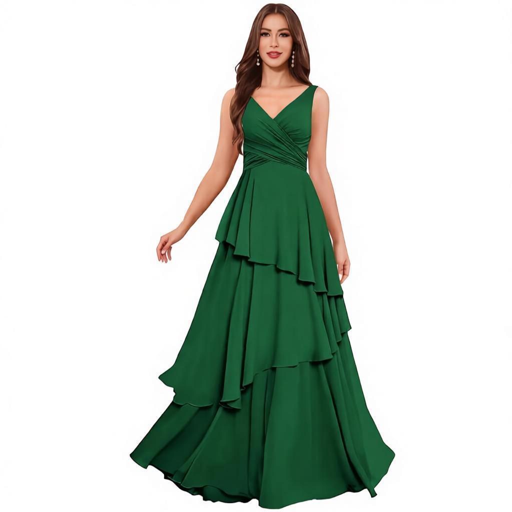 Tiered Chiffon Bridesmaid Dress with V-Neck & Lace-Up Back - Elegant Formal Gown for Weddings & Events