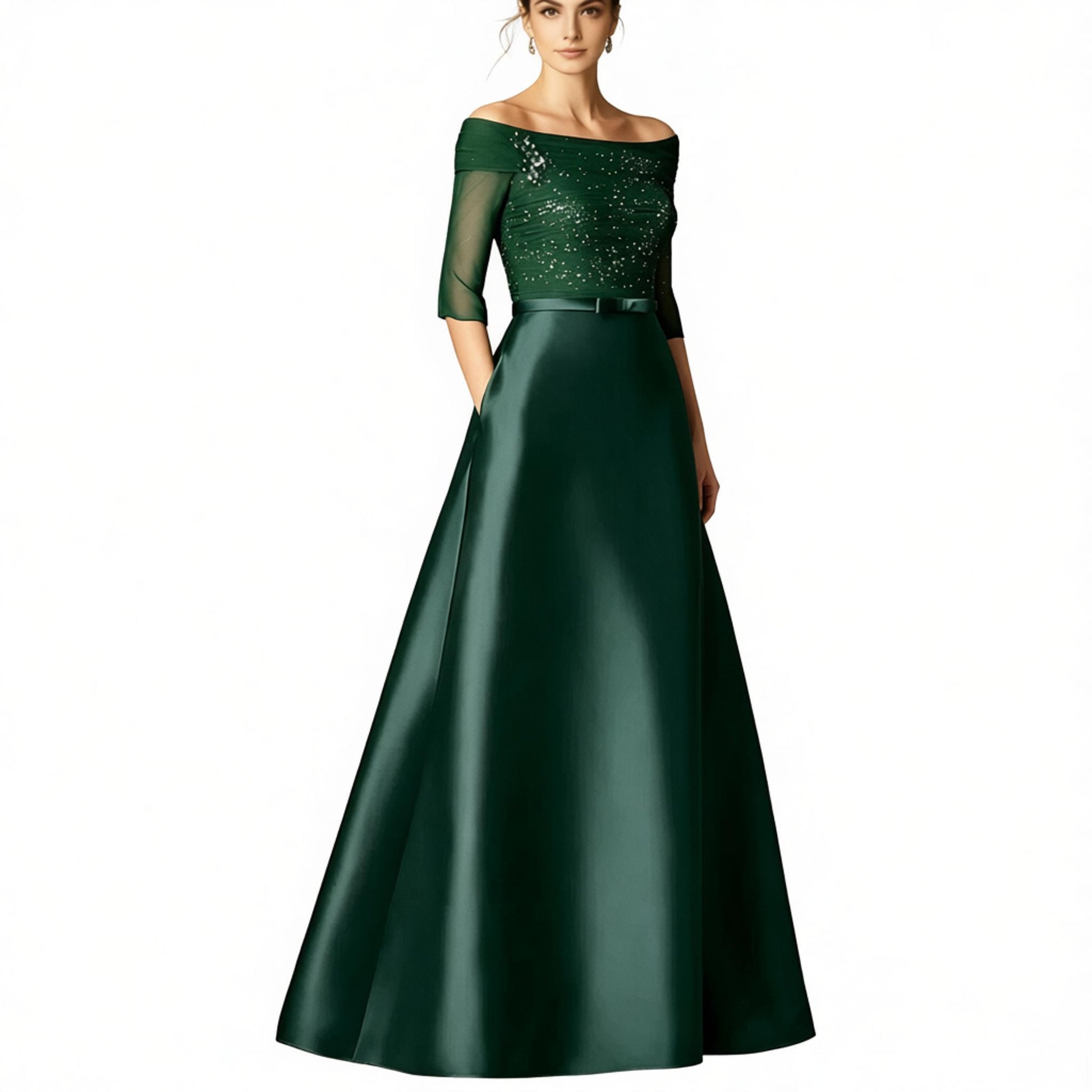 Elegant Off-the-Shoulder Satin A-Line Evening Gown with 3/4 Sheer Sleeves – Formal Dress for Mother of the Bride, Galas & Black-Tie Events