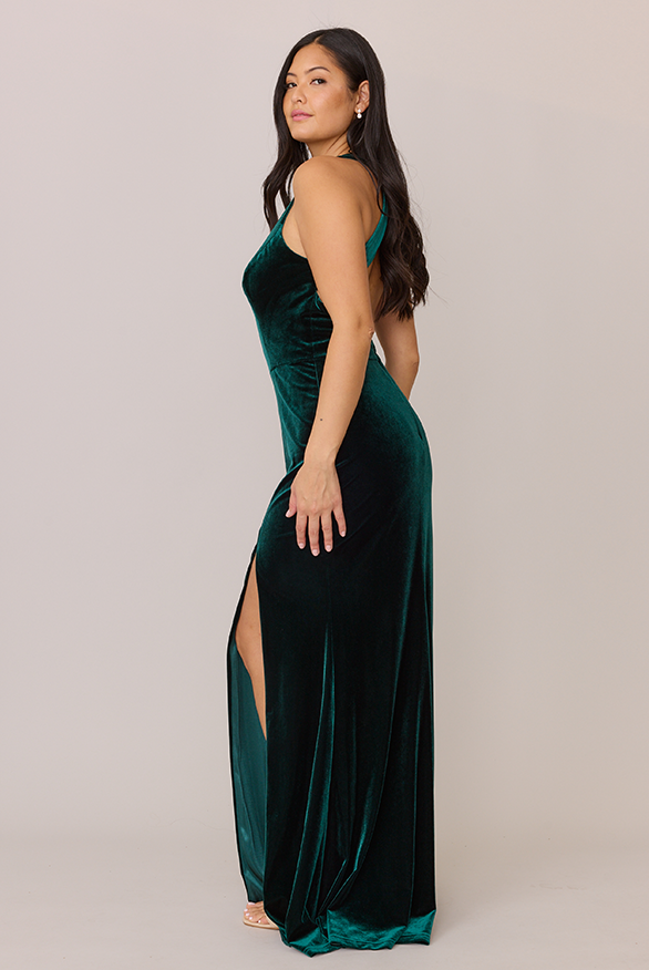 Elegant Velvet Bridesmaid Dress Collection with Crisscross Back and V-Neck High-Slit Styles