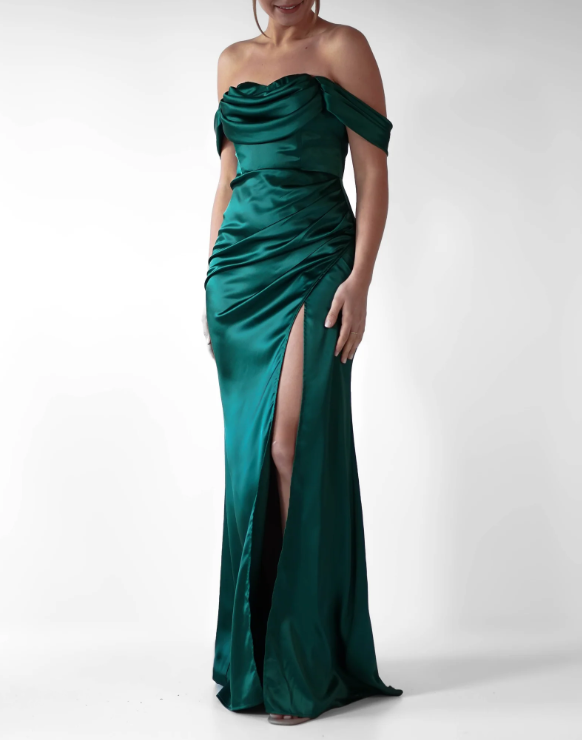 Elegant Satin Formal Dress Evening Gown Off Shoulder With High Thigh Slit