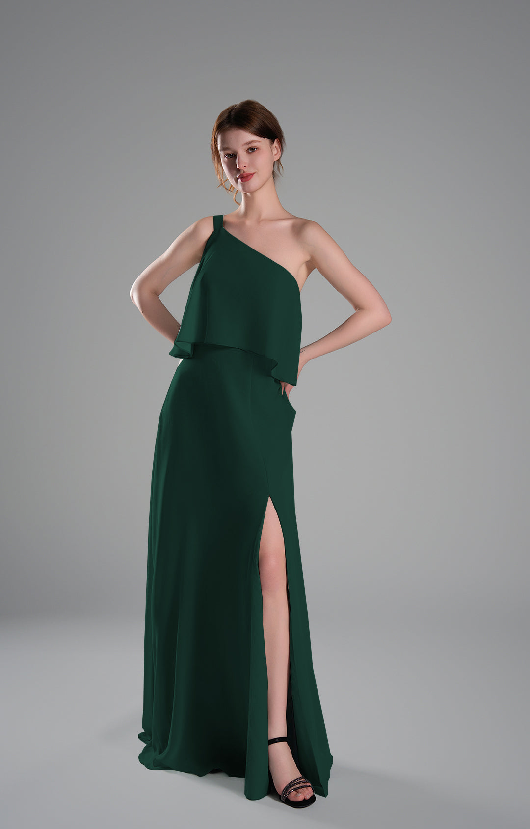One Shoulder Chiffon Bridesmaid Dress with Slit Elegant Long Formal Evening Gown Flowing A-Line Dresses