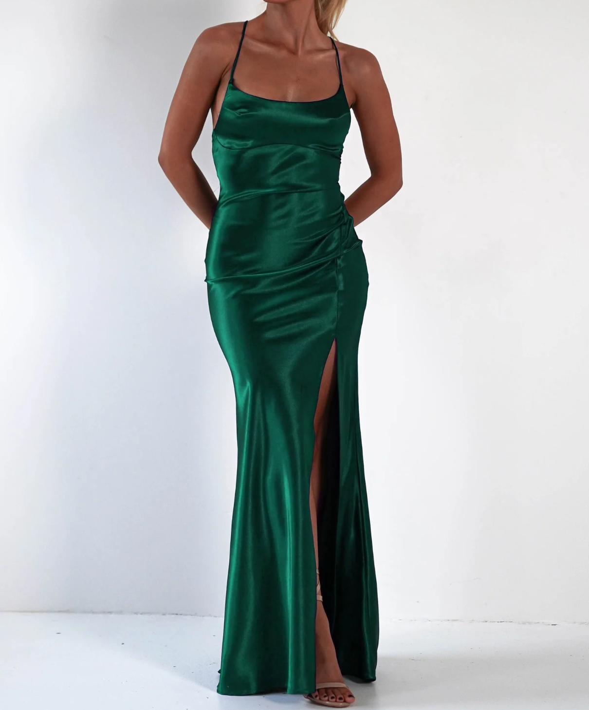 Elegant Soft Satin Slit Maxi Dress with Spaghetti Straps Party Wedding Guest Dresses With Mermaid Square Neck