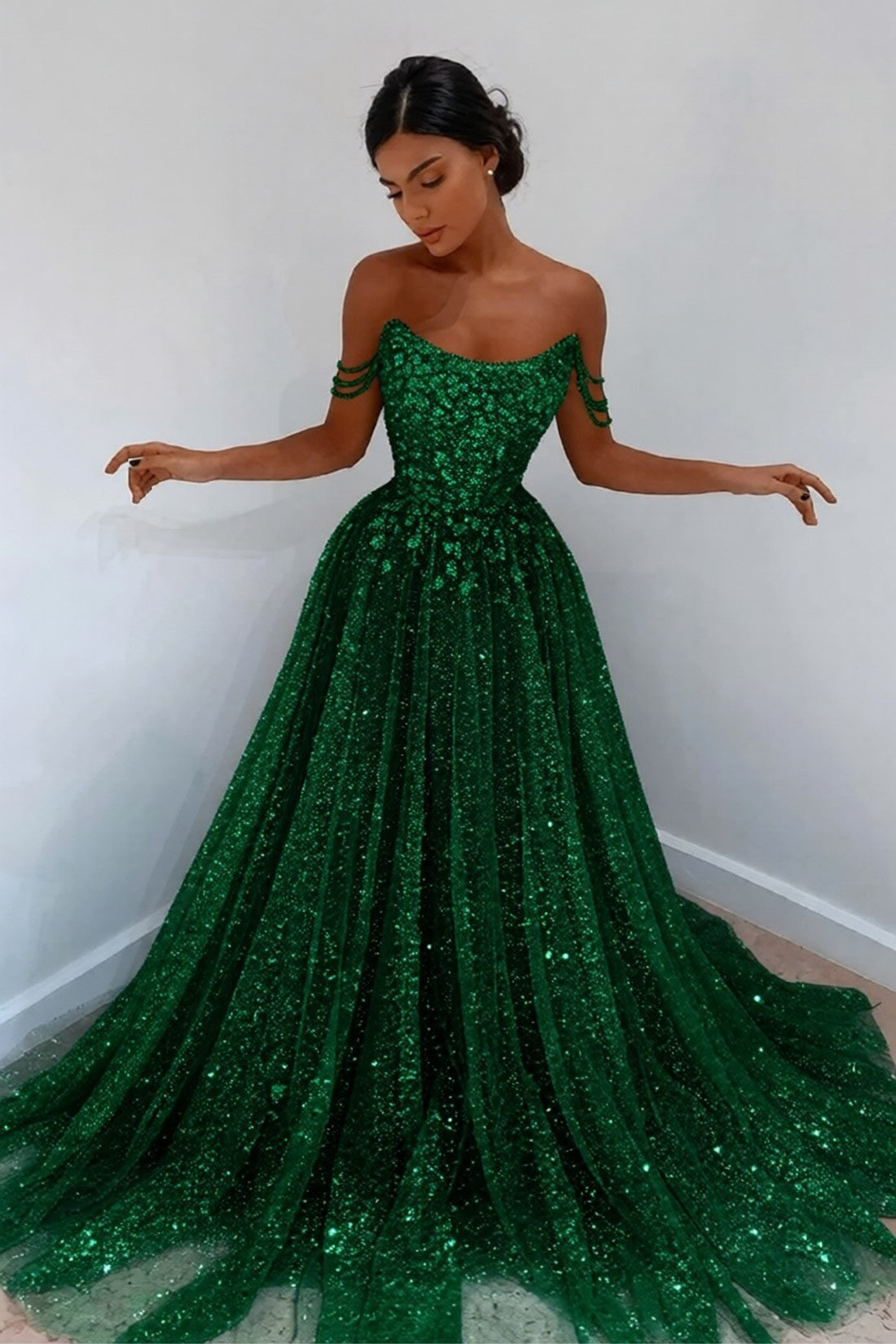Off-the-Shoulder Sweetheart Neck Glitter Tulle Maxi Gown with Beaded Floral Appliqué Formal Evening Dress
