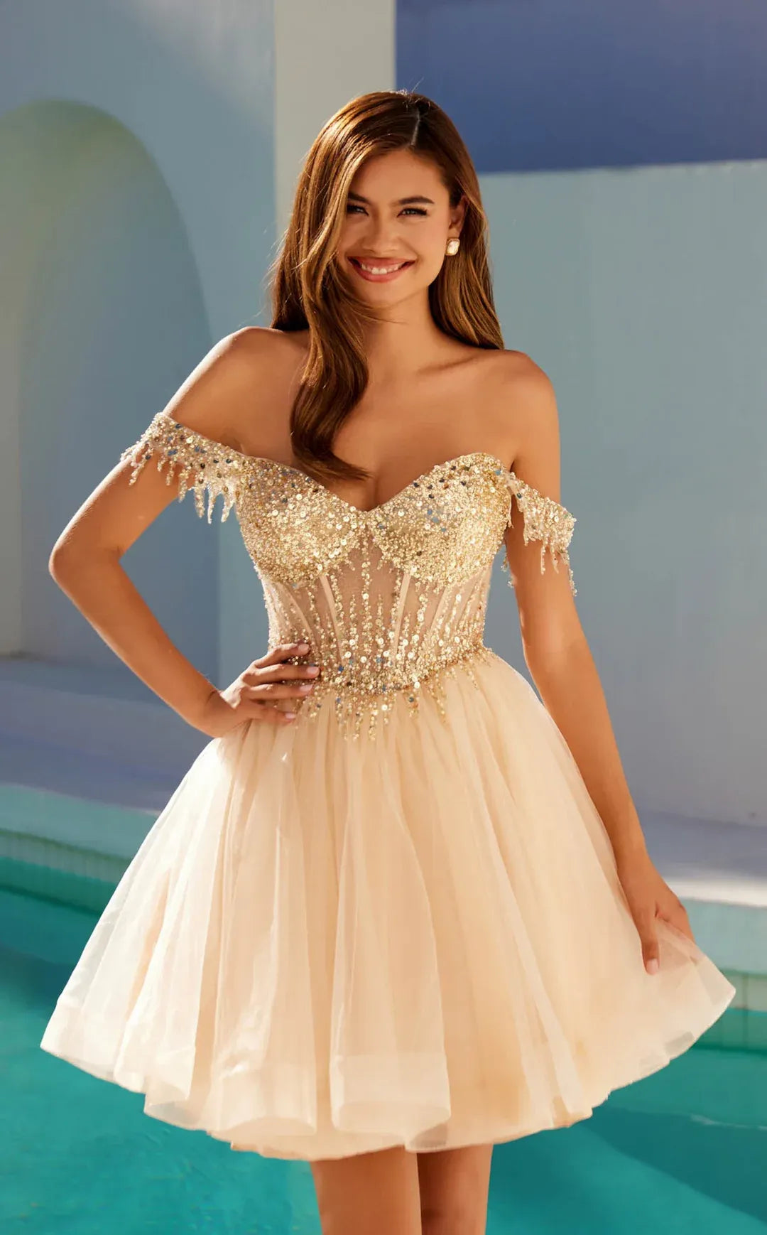Enchanting A-Line Sweetheart Off-The-Shoulder Tulle Short Sequin-Corset Homecoming Cocktail Dress