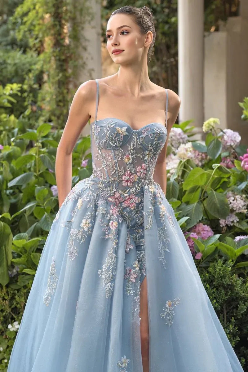 Enchanting Ballgown Sweetheart Spaghetti Strap Tulle Long Floral Slit Prom Dress