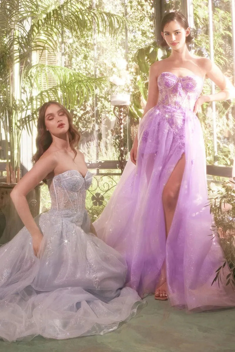 Enchanting Ballgown Sweetheart Strapless Tulle Long Floral Slit Prom Dress