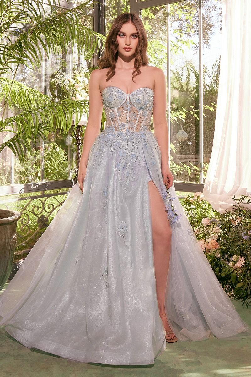 Enchanting Ballgown Sweetheart Strapless Tulle Long Floral Slit Prom Dress