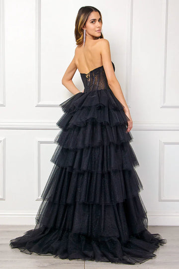 Enchanting Ballgown Sweetheart Strapless Tulle Long Tiered Slit Prom Dress