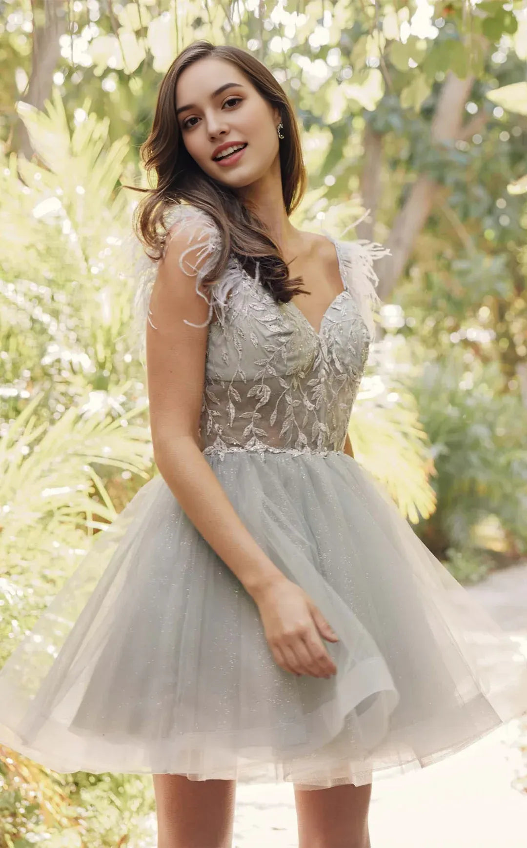 Enchanting Flare V-neck Sleeveless Tulle Mini Feather Strap Floral Embroidered Homecoming Dress