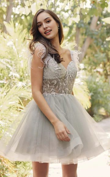 Enchanting Flare V-neck Sleeveless Tulle Mini Feather Strap Floral Embroidered Homecoming Dress