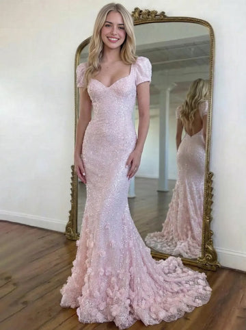 Encantador Vestido de Noche Largo Sirena Corazón con Lentejuelas y Flores 3D