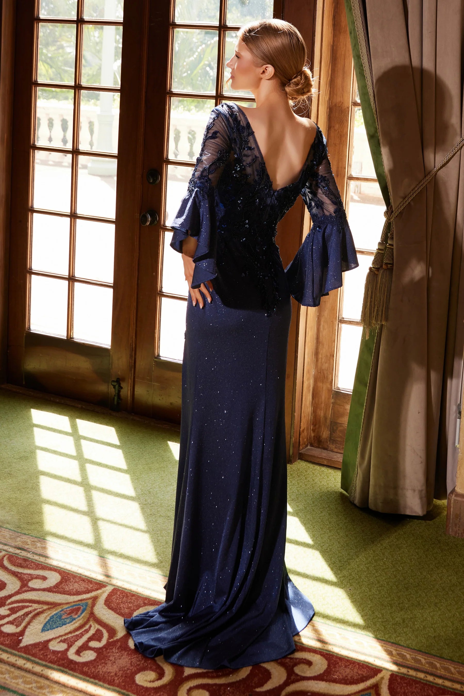 Enchanting Sheath V-Neck Bell-Sleeve Glitter Maxi Sequin Mother of the Bride Dress Evening Gown With Slit