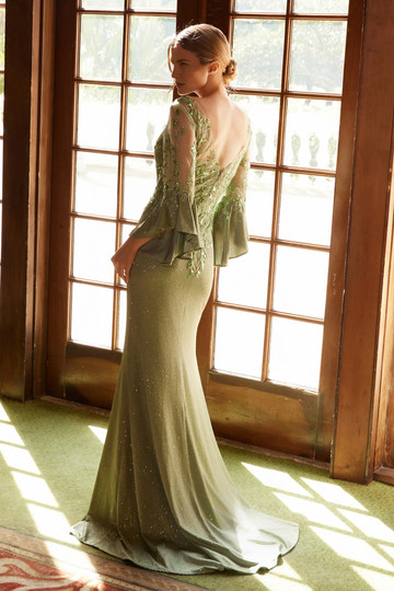 Enchanting Sheath V-Neck Bell-Sleeve Glitter Maxi Sequin Mother of the Bride Dress Evening Gown With Slit