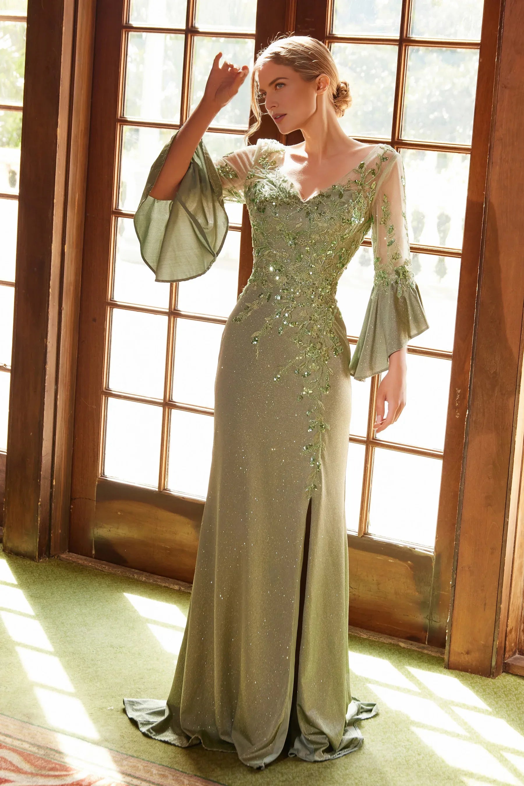 Enchanting Sheath V-Neck Bell-Sleeve Glitter Maxi Sequin Mother of the Bride Dress Evening Gown With Slit