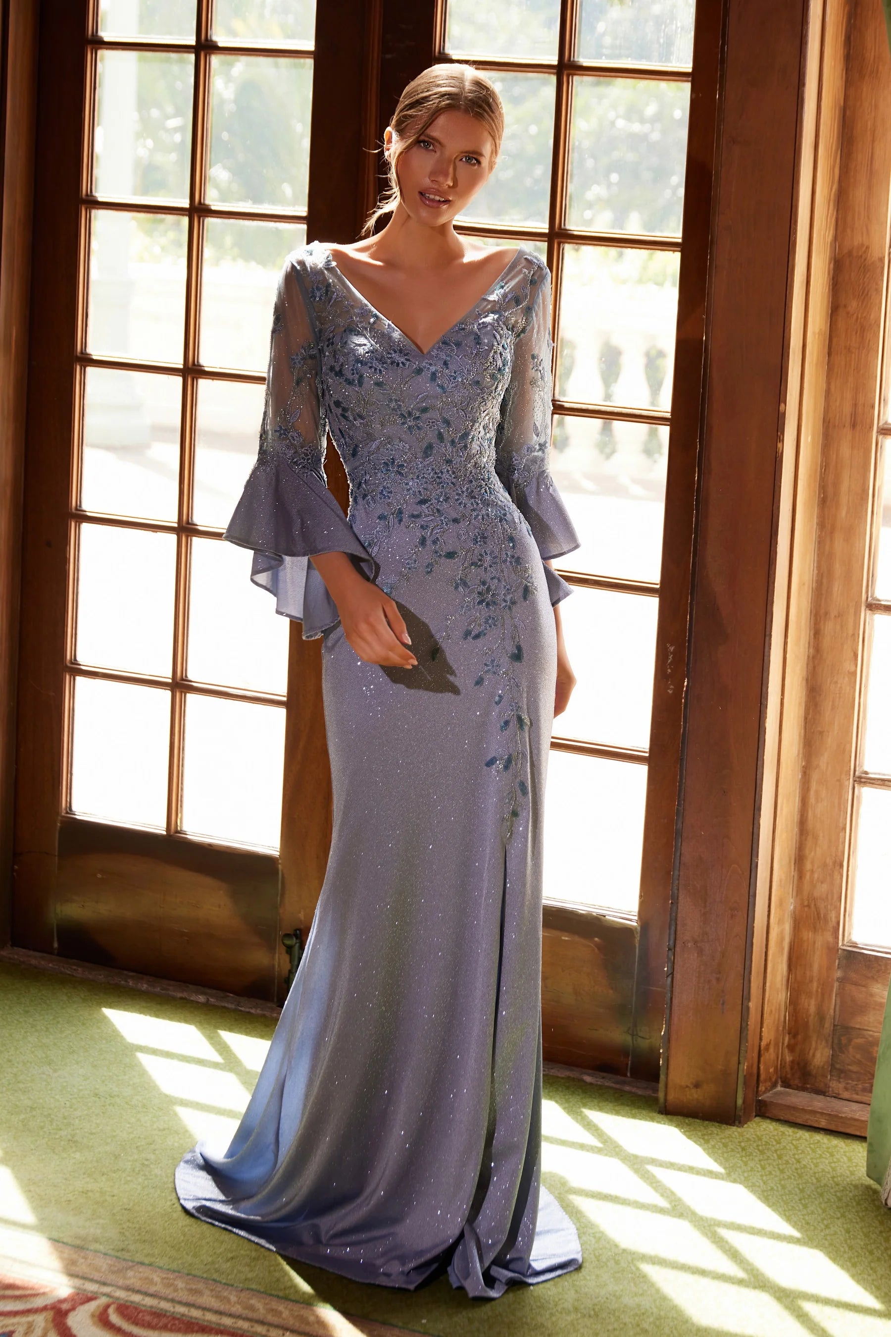 Enchanting Sheath V-Neck Bell-Sleeve Glitter Maxi Sequin Mother of the Bride Dress Evening Gown With Slit