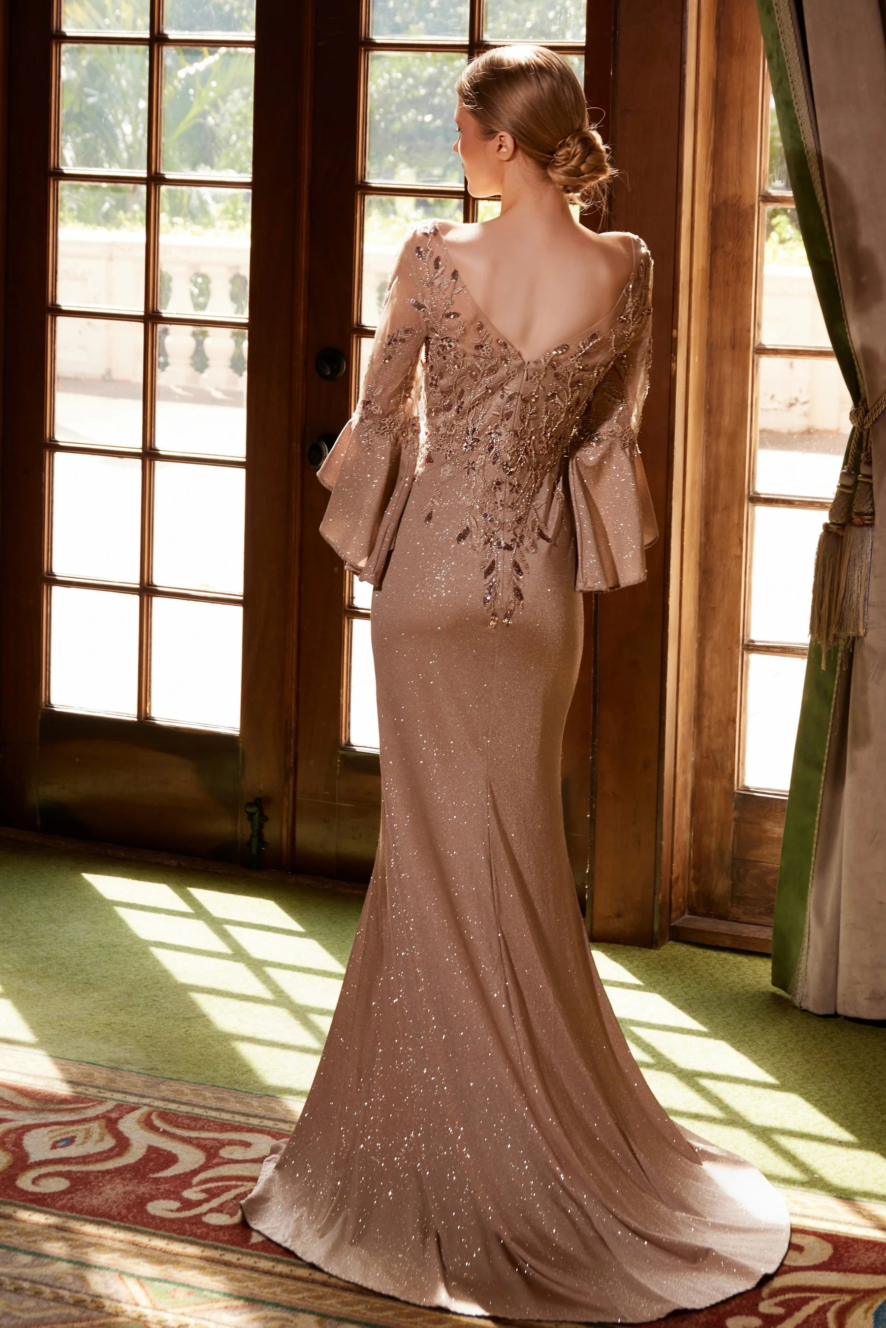 Enchanting Sheath V-Neck Bell-Sleeve Glitter Maxi Sequin Mother of the Bride Dress Evening Gown With Slit