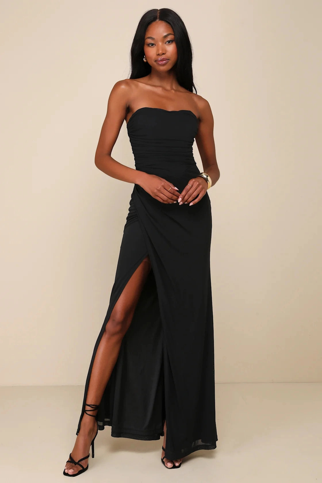 Burgundy Mermaid Strapless Straight Open Back Slit Maxi Bridesmaid Gown Vedress