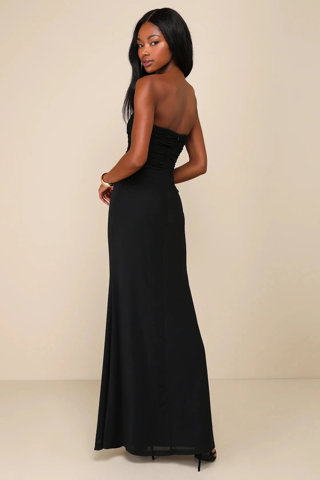 Burgundy Mermaid Strapless Straight Open Back Slit Maxi Bridesmaid Gown Vedress