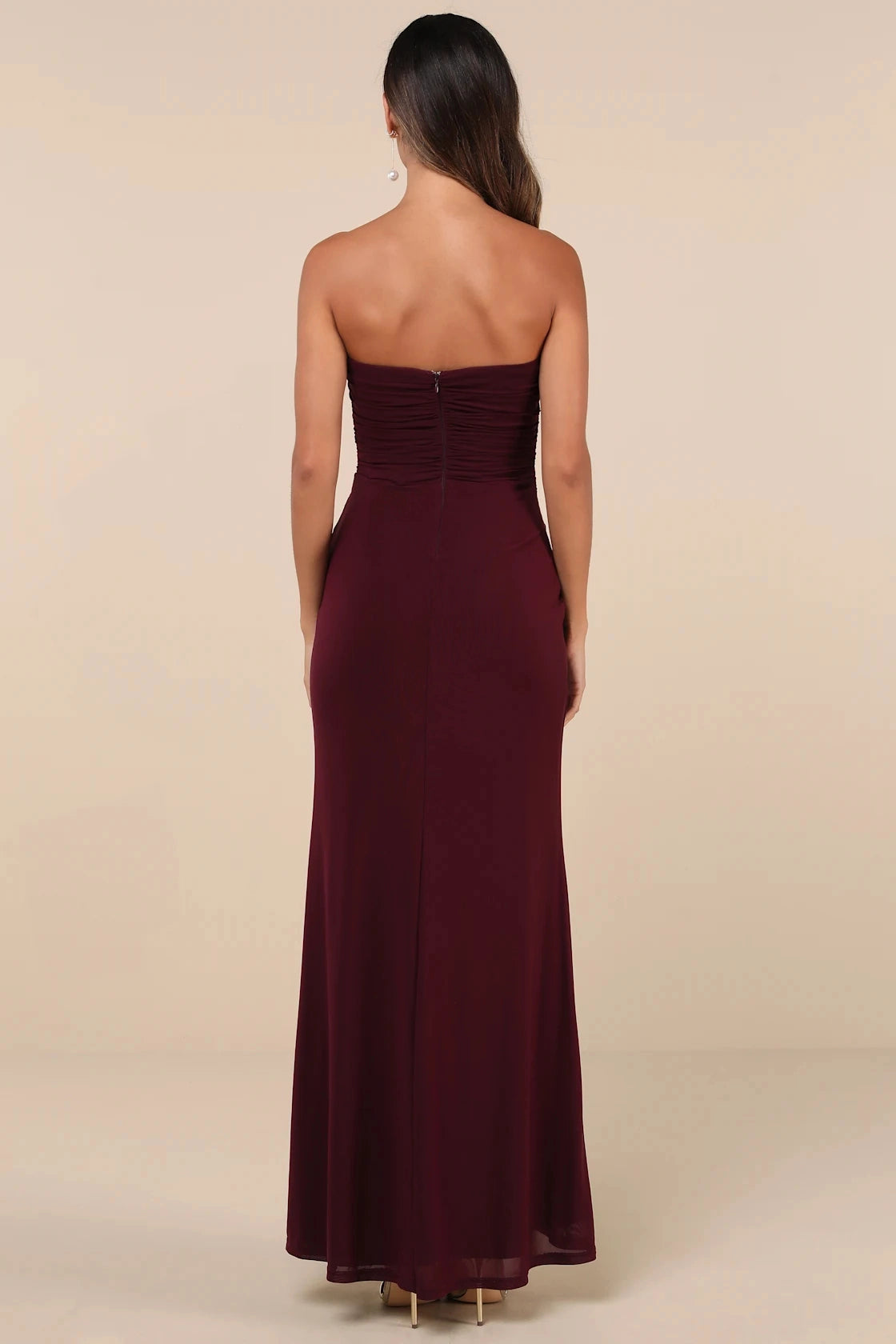 Burgundy Mermaid Strapless Straight Open Back Slit Maxi Bridesmaid Gown Vedress