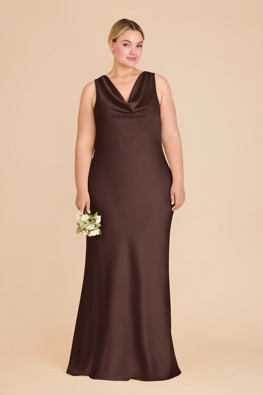 Women's Plus Size Satin Cowl Neck Bridesmaid Dresses Maxi Dress with Open Back & Tie Detail Formal Evening Gown