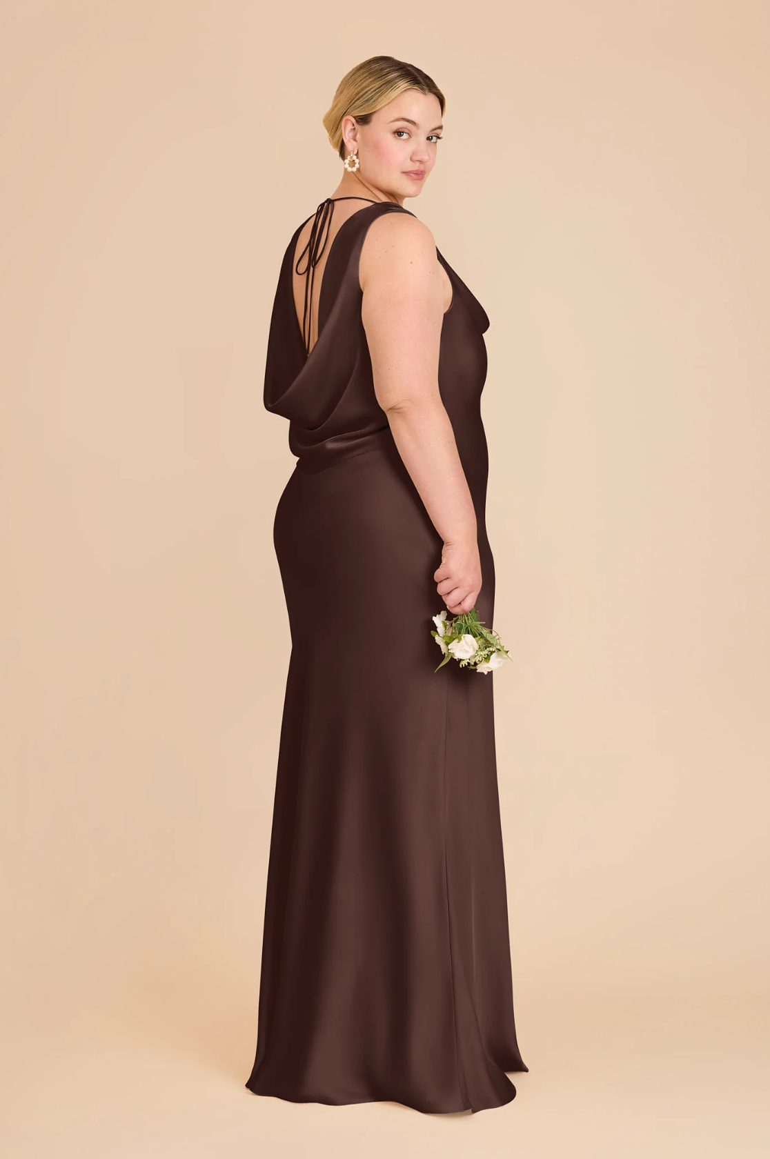Women's Plus Size Satin Cowl Neck Bridesmaid Dresses Maxi Dress with Open Back & Tie Detail Formal Evening Gown