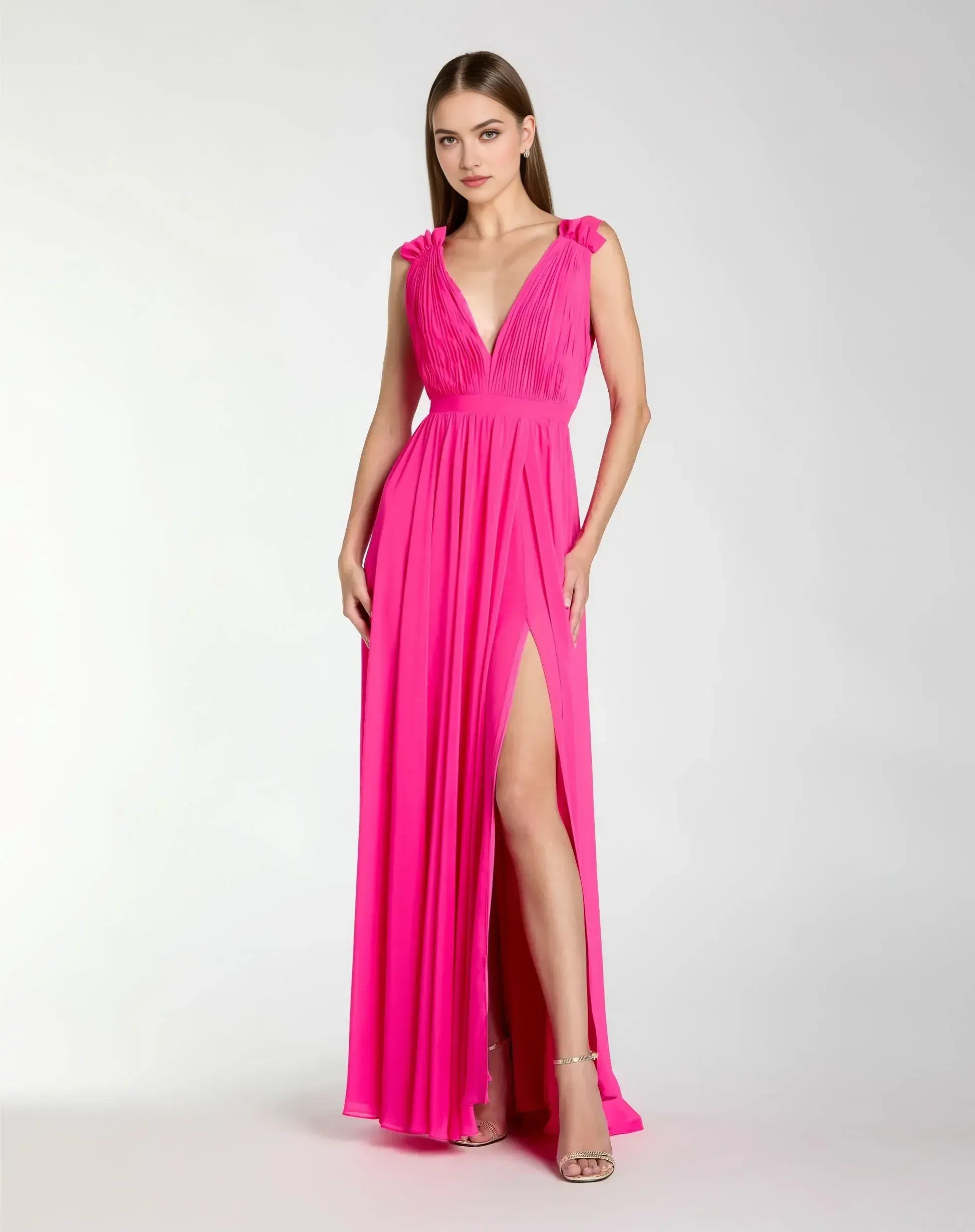 Ethereal A-Line V-Neck Sleeveless Chiffon Floor Length Ruched Slit Evening Dress