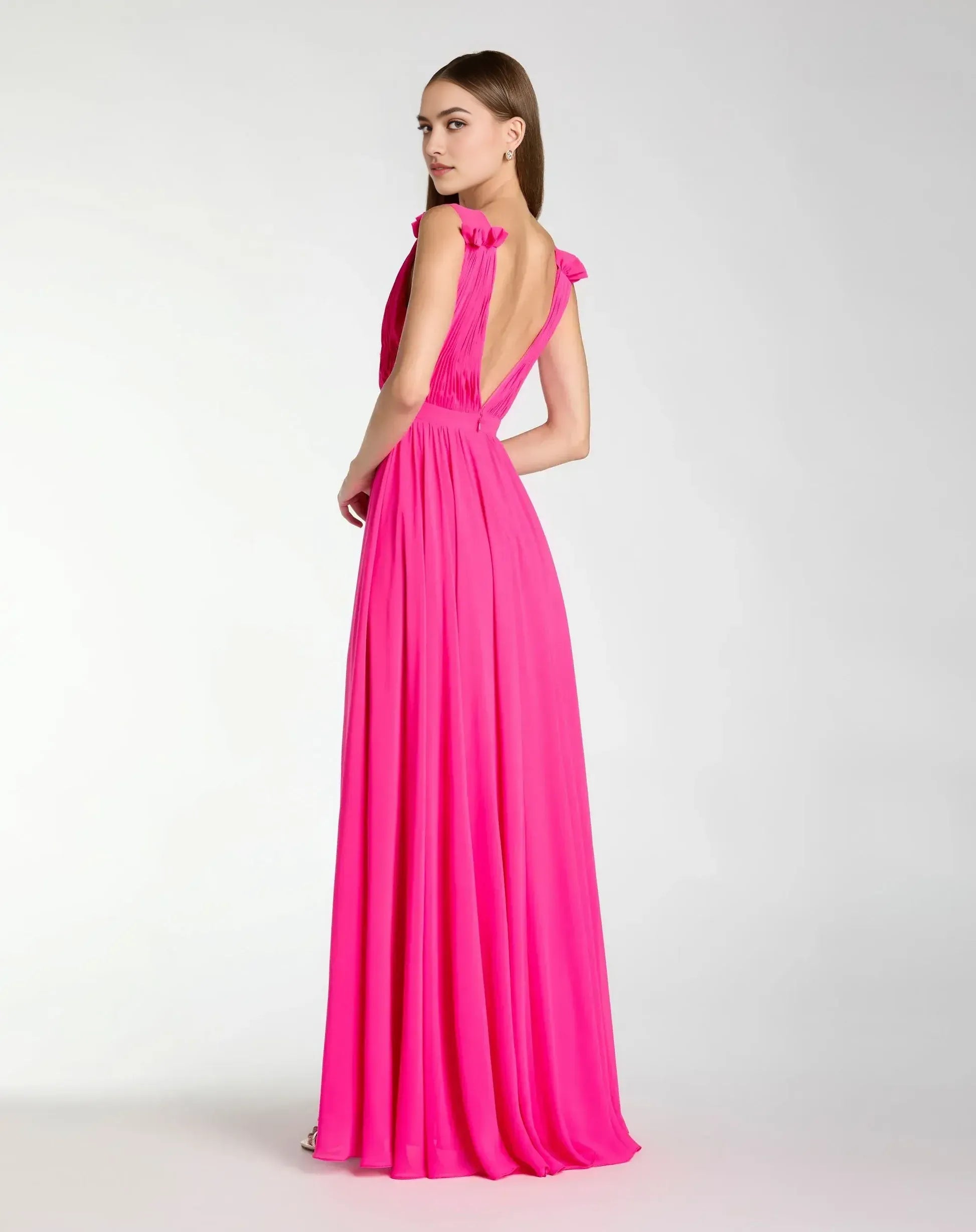 Ethereal A-Line V-Neck Sleeveless Chiffon Floor Length Ruched Slit Evening Dress