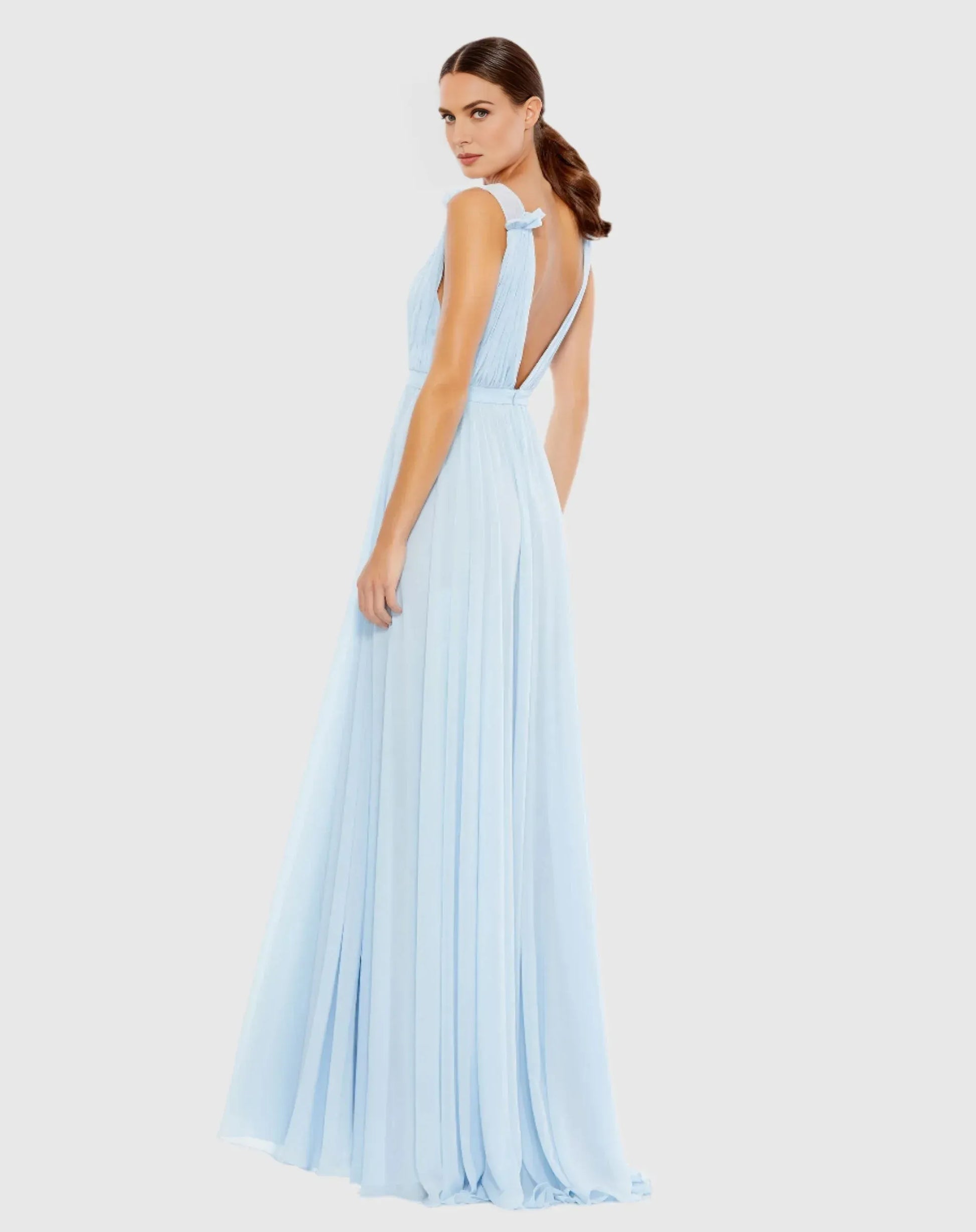 Ethereal A-Line V-Neck Sleeveless Chiffon Floor Length Ruched Slit Evening Dress