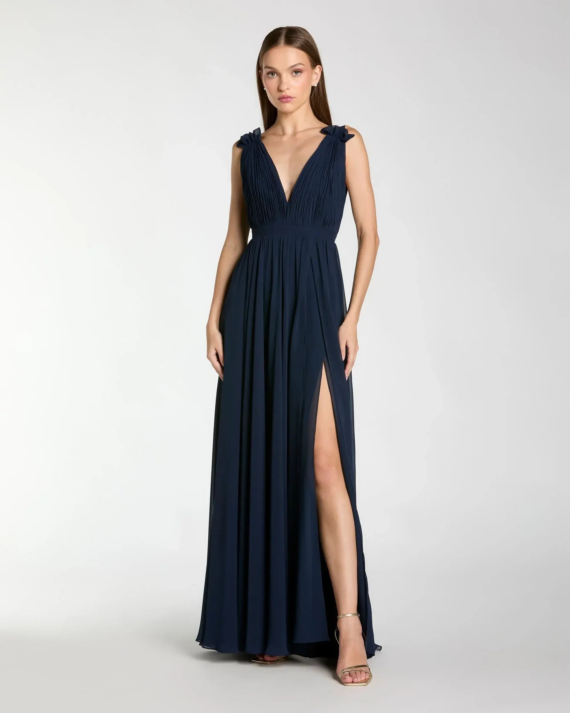Ethereal A-Line V-Neck Sleeveless Chiffon Floor Length Ruched Slit Evening Dress
