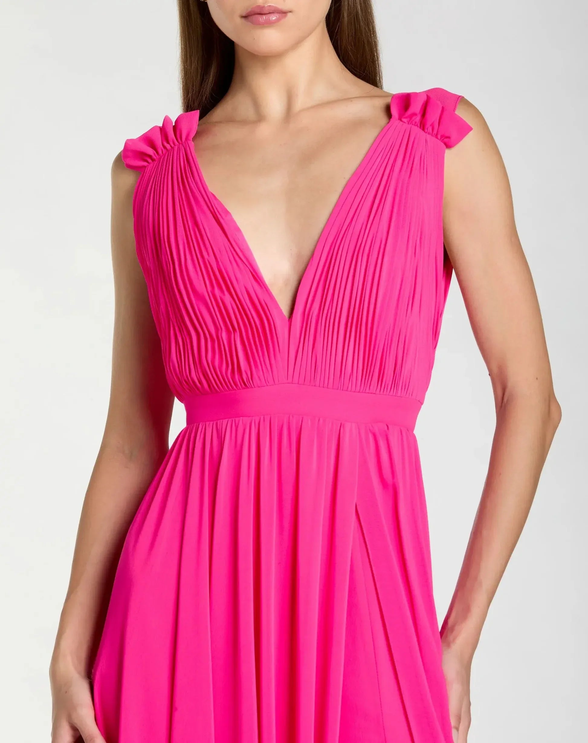 Ethereal A-Line V-Neck Sleeveless Chiffon Floor Length Ruched Slit Evening Dress