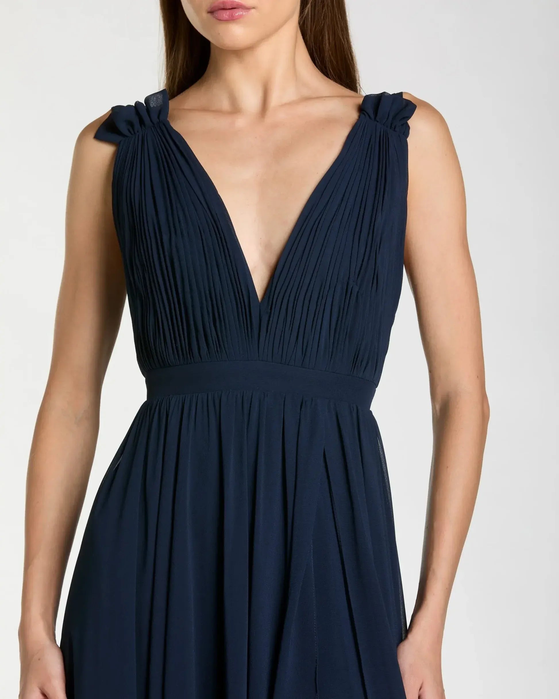 Ethereal A-Line V-Neck Sleeveless Chiffon Floor Length Ruched Slit Evening Dress