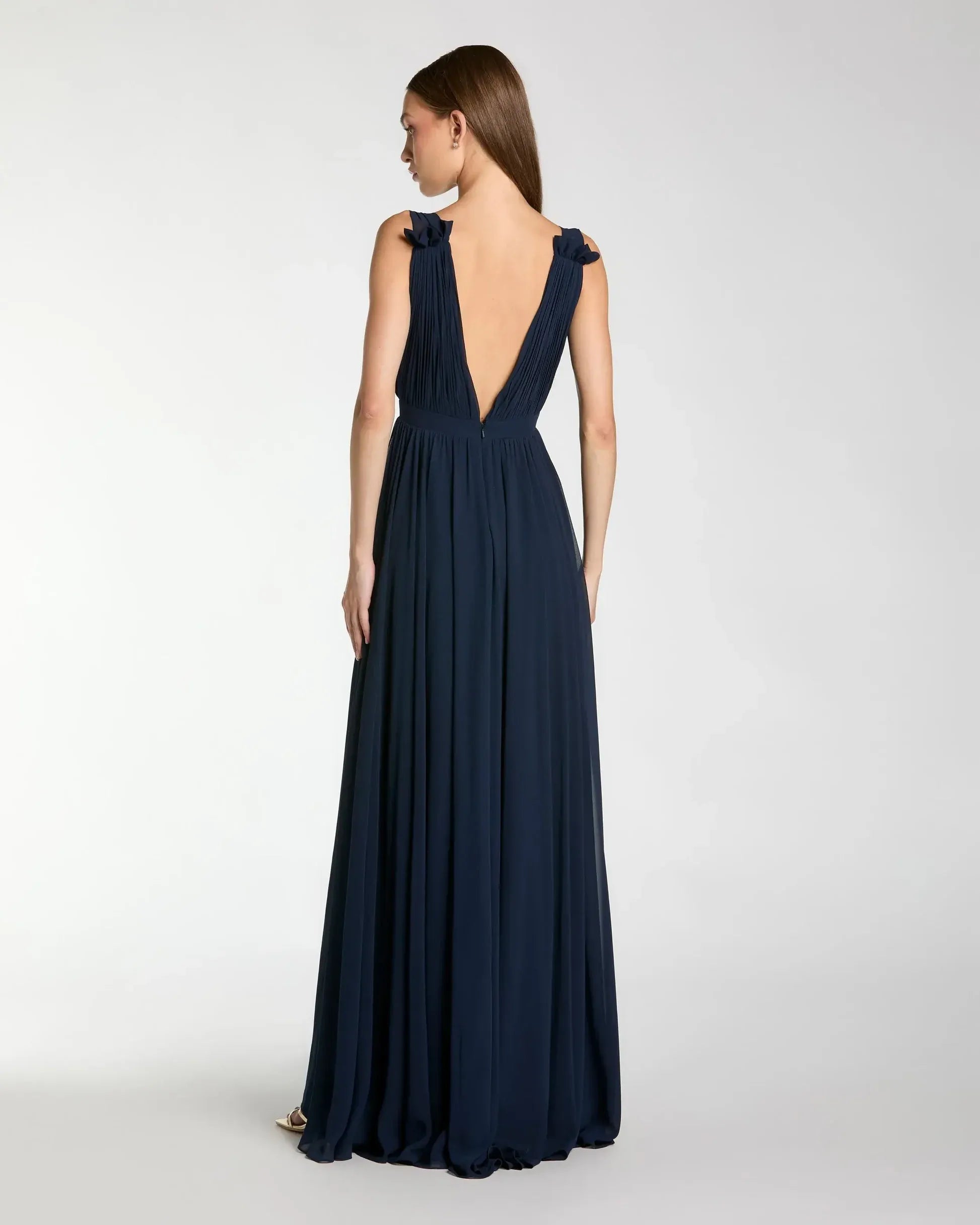 Ethereal A-Line V-Neck Sleeveless Chiffon Floor Length Ruched Slit Evening Dress