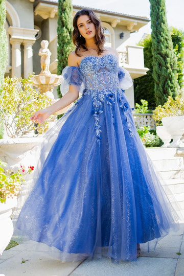 Ethereal A-line Glittered Off-the-Shoulder Short Puff Tulle 3D Floral Corset Evening Gown