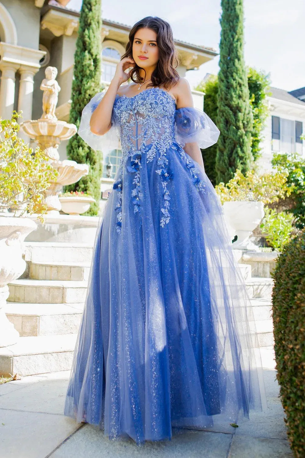 Ethereal A-line Glittered Off-the-Shoulder Short Puff Tulle 3D Floral Corset Evening Gown